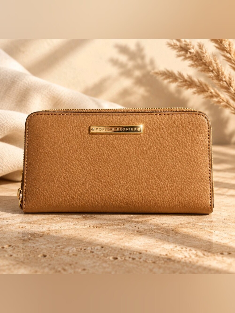 Poppy & Peonies Camel Tan Pebbled Zip Wallet with Gold Hardware